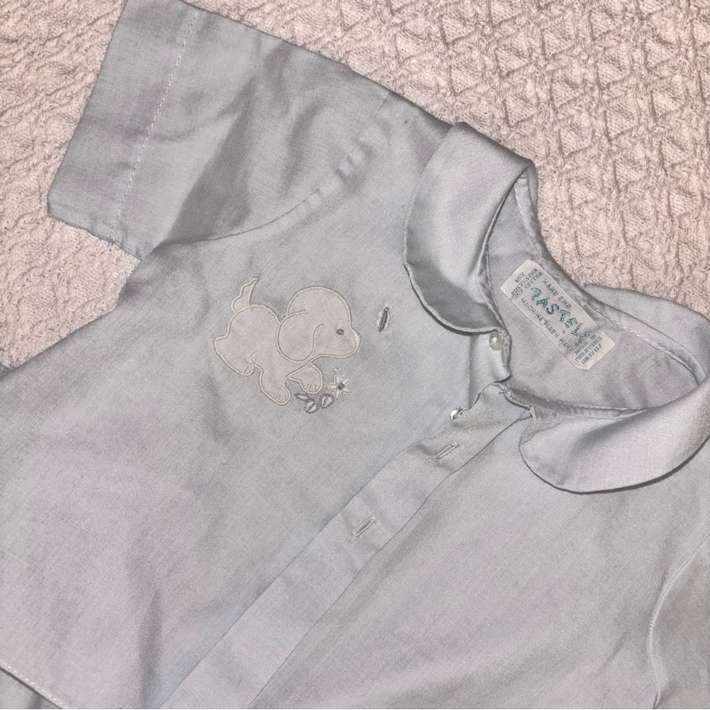 Vintage hand embroidered PASTELS baby boy puppy dog blue diaper set
